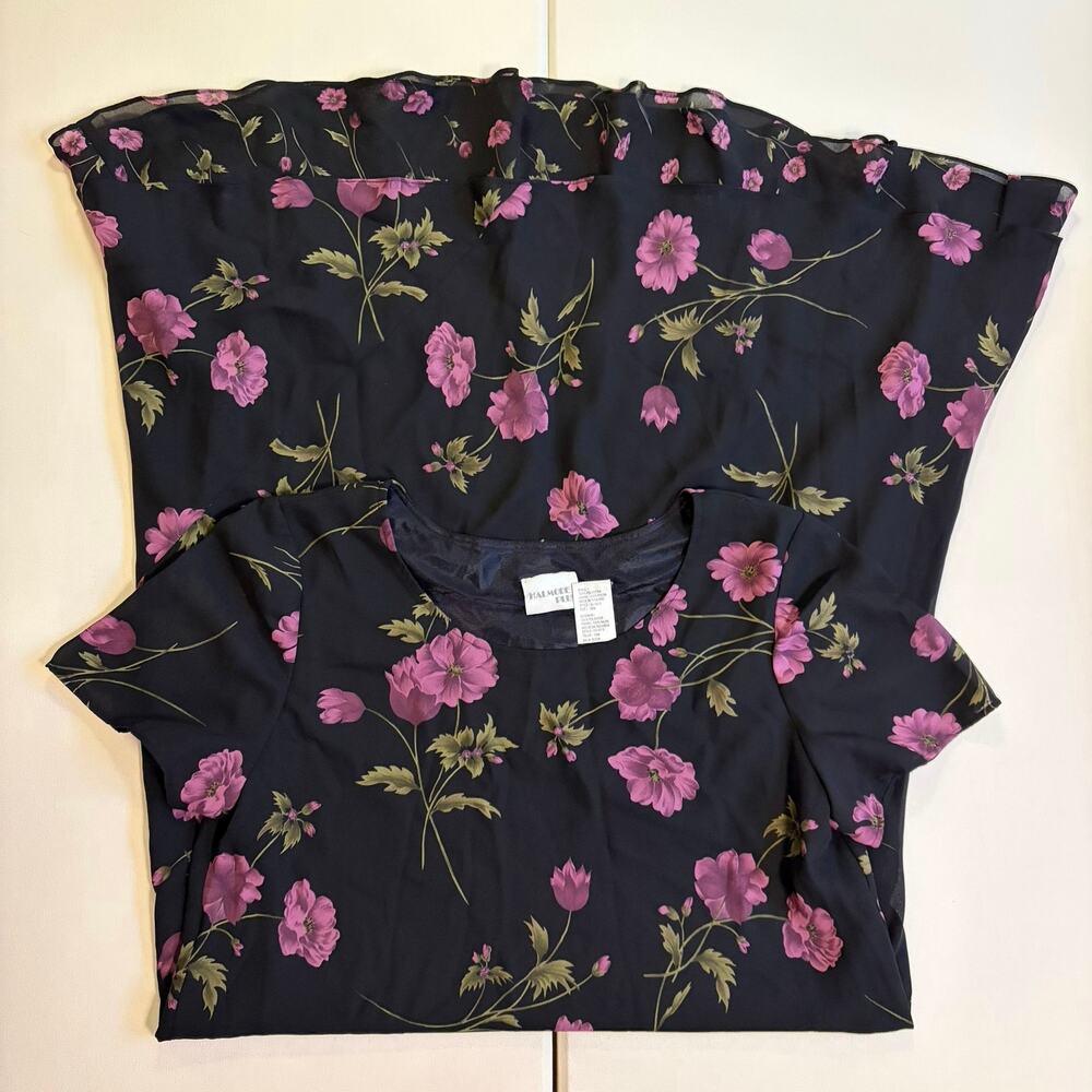 Vintage Halmode Plus 16W Black Purple Floral Sheer Layered Maxi Dress